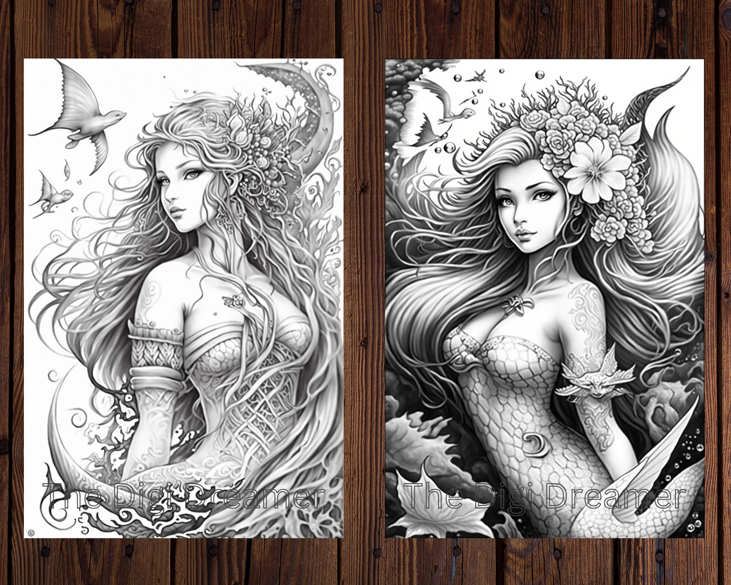 Fantasy Mermaids Grayscale Printable Coloring Pages for Adults