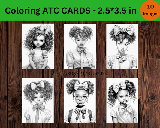 Girls With A Bow Grayscale Coloring Digital ATC Cards, Instant Download