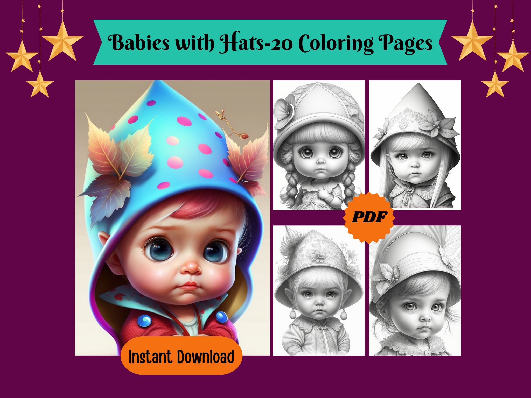 Entzückende süße Babys mit Hüten, Graustufen-Malvorlagen für Erwachsene und Kinder