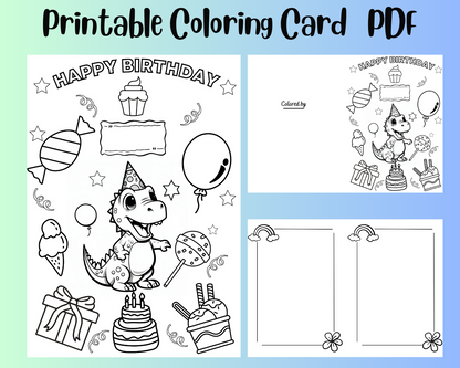 Printable Dinosaur Coloring Birthday Greeting Card For Kids, DIY Birthday Gift