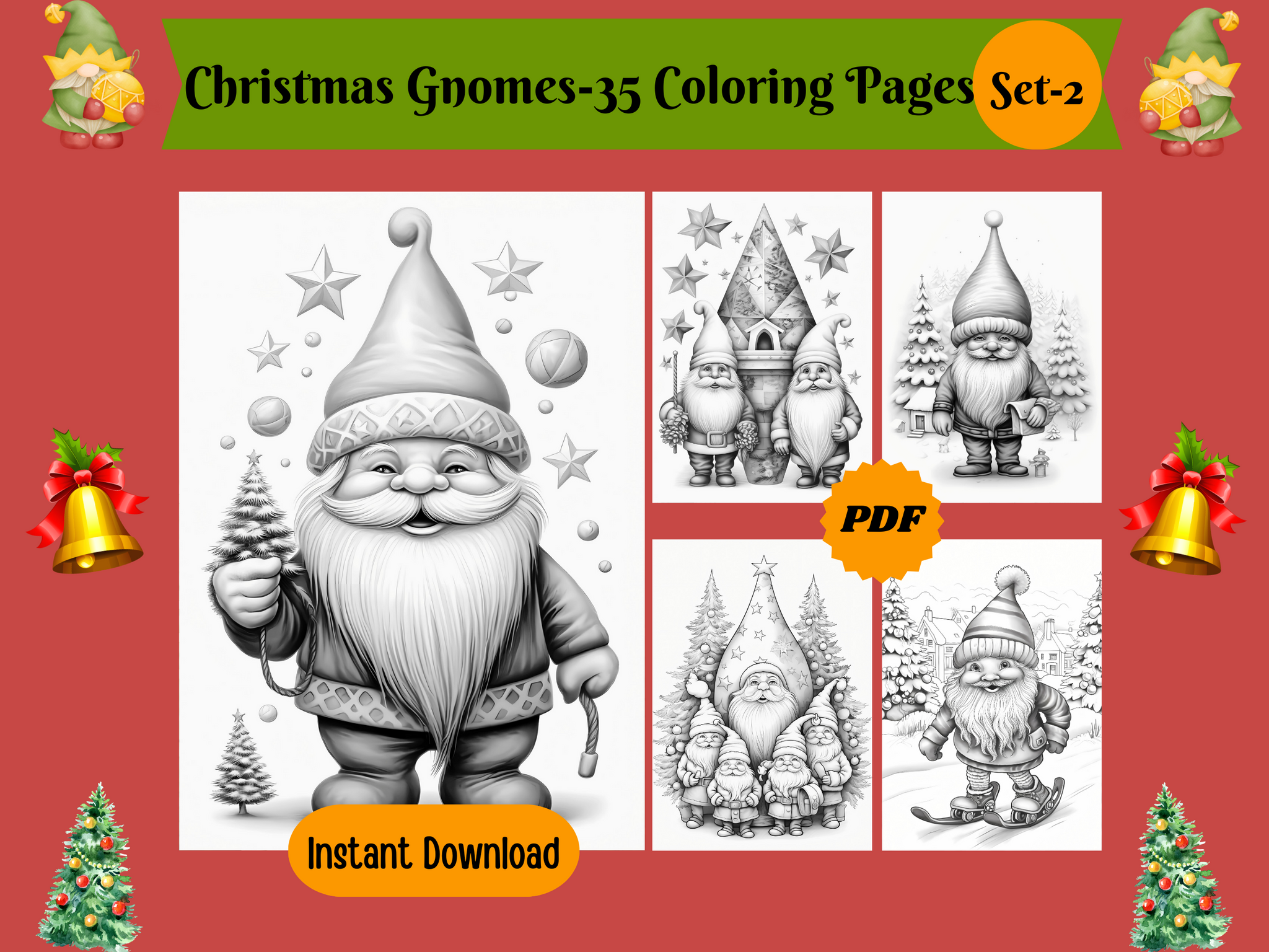 35 Christmas Gnomes Set 2-Printable Grayscale Coloring Pages, Digital download
