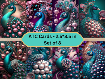 Ethereal Peacocks  Digital ATC Cards, Set of 8, Digital Download