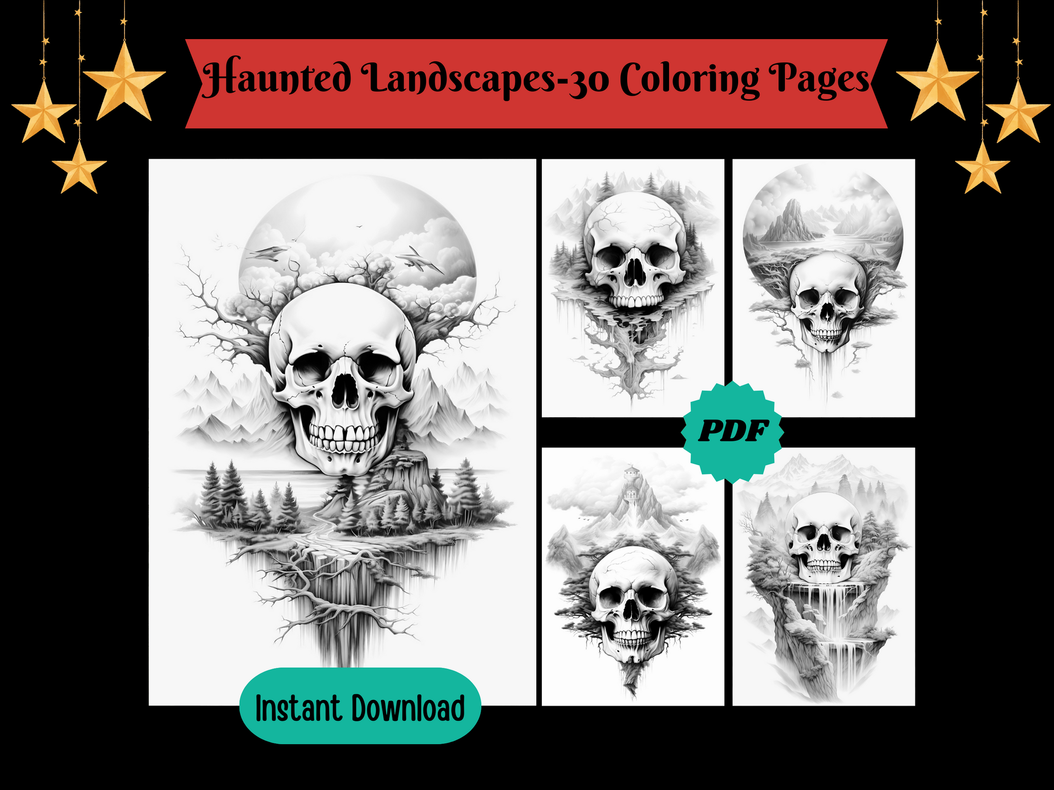 Haunted Landscapes-Grayscale Printable Coloring Pages For Adults & Kids