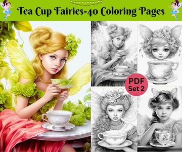 40 Teetassen-Feen-Set 2-Graustufen druckbare Malseiten für Erwachsene, digitaler Download