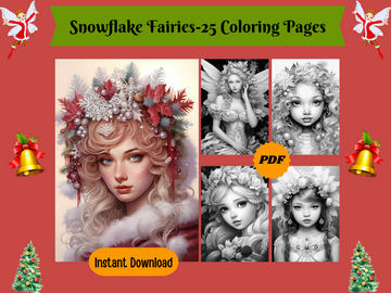 25 Snowflake fairies-Printable Grayscale Coloring Pages, Digital download