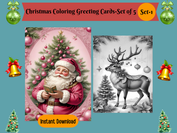 Festive Christmas Coloring Greeting Cards Set 1-Pack of 5, Printable Greeting Cards, Digital Download
