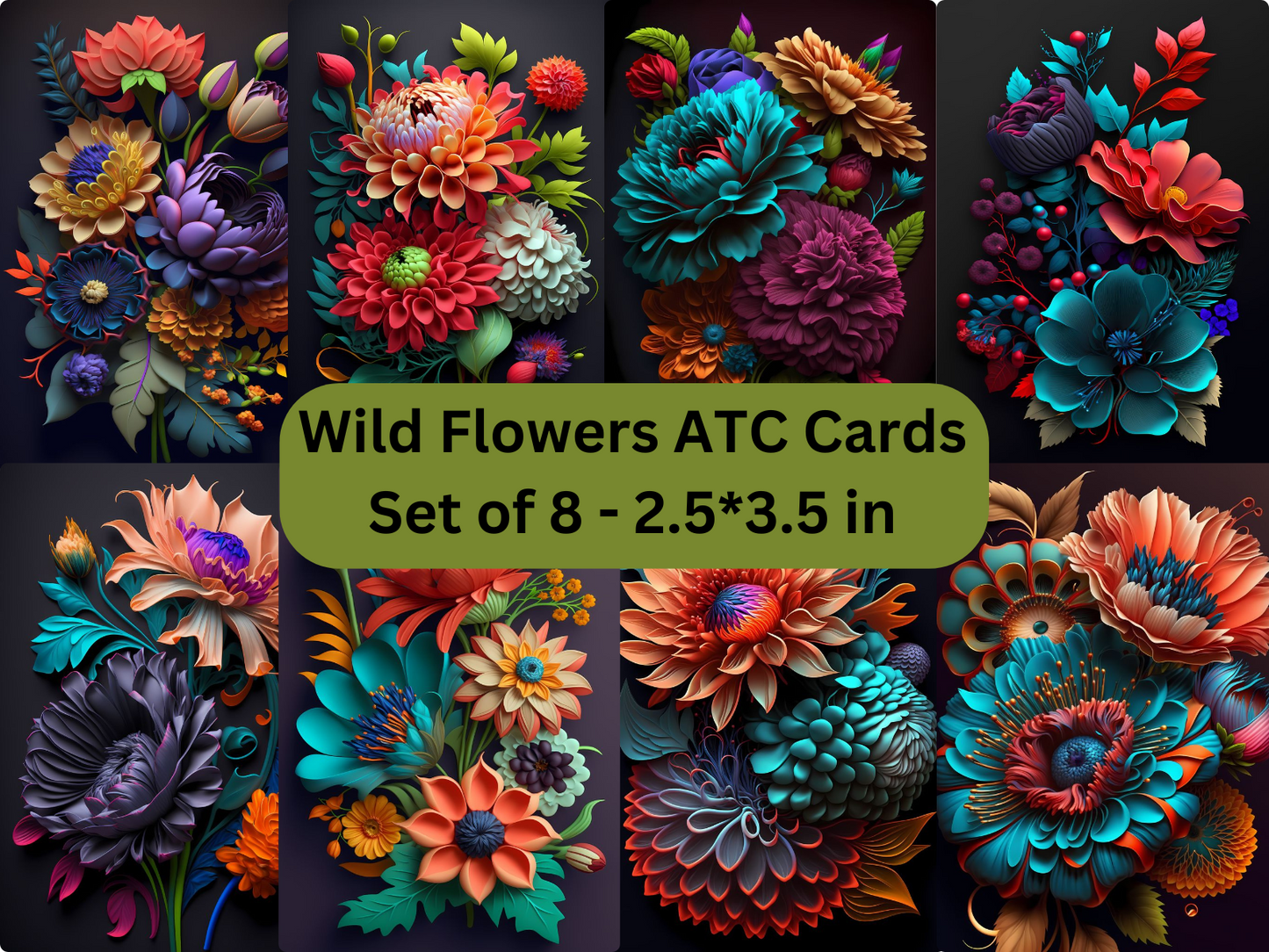 Wild Flowers ATC Cards, Set Of 8, Digital Download