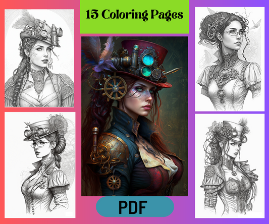 Steampunk Women Grayscale Coloring Pages for Adults