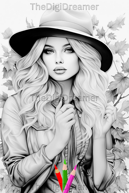 Fall Fashion - Printable Grayscale Coloring Pages, Digital download