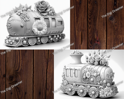 Fantasy Trains Grayscale Coloring Pages