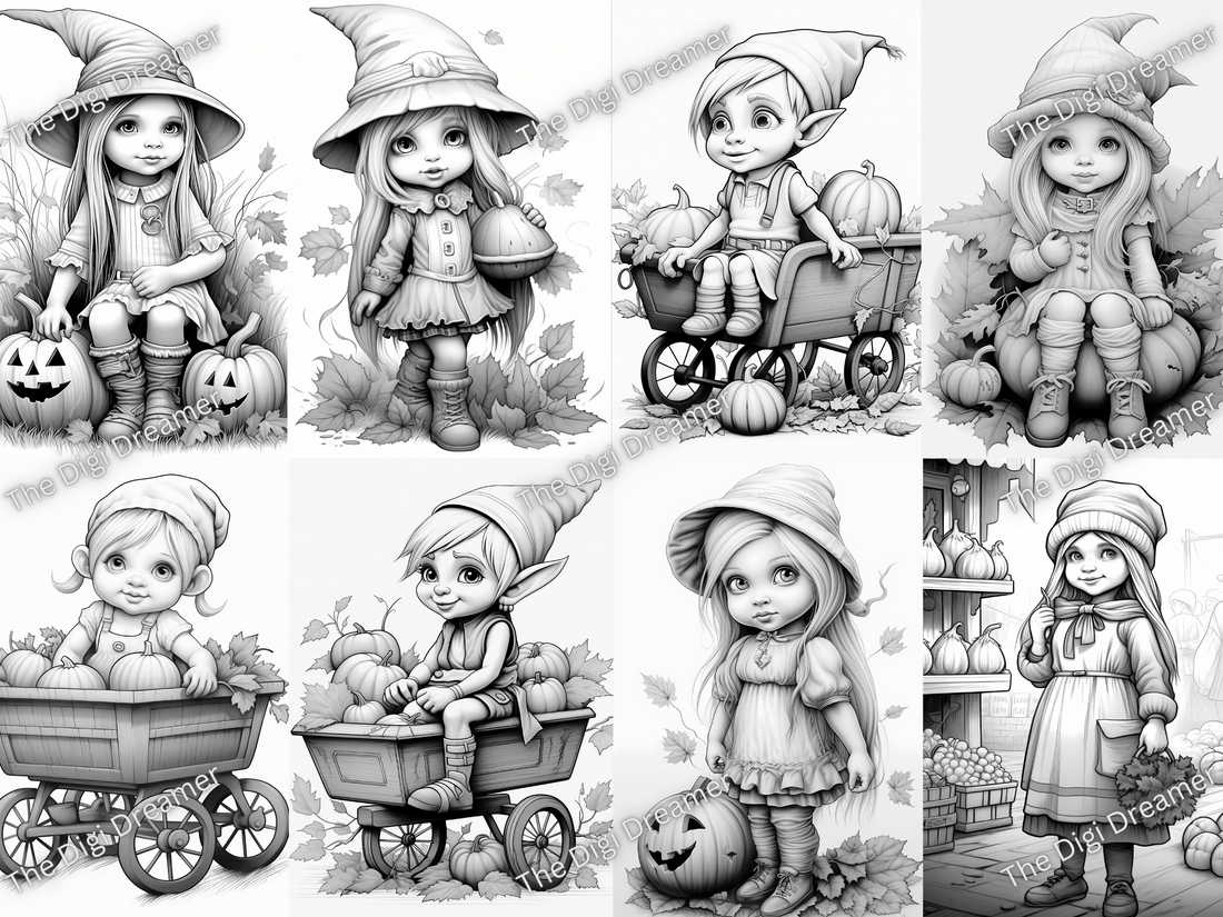 Herbst-Gnome-Mädchen – druckbare Graustufen-Malseiten, digitaler Download