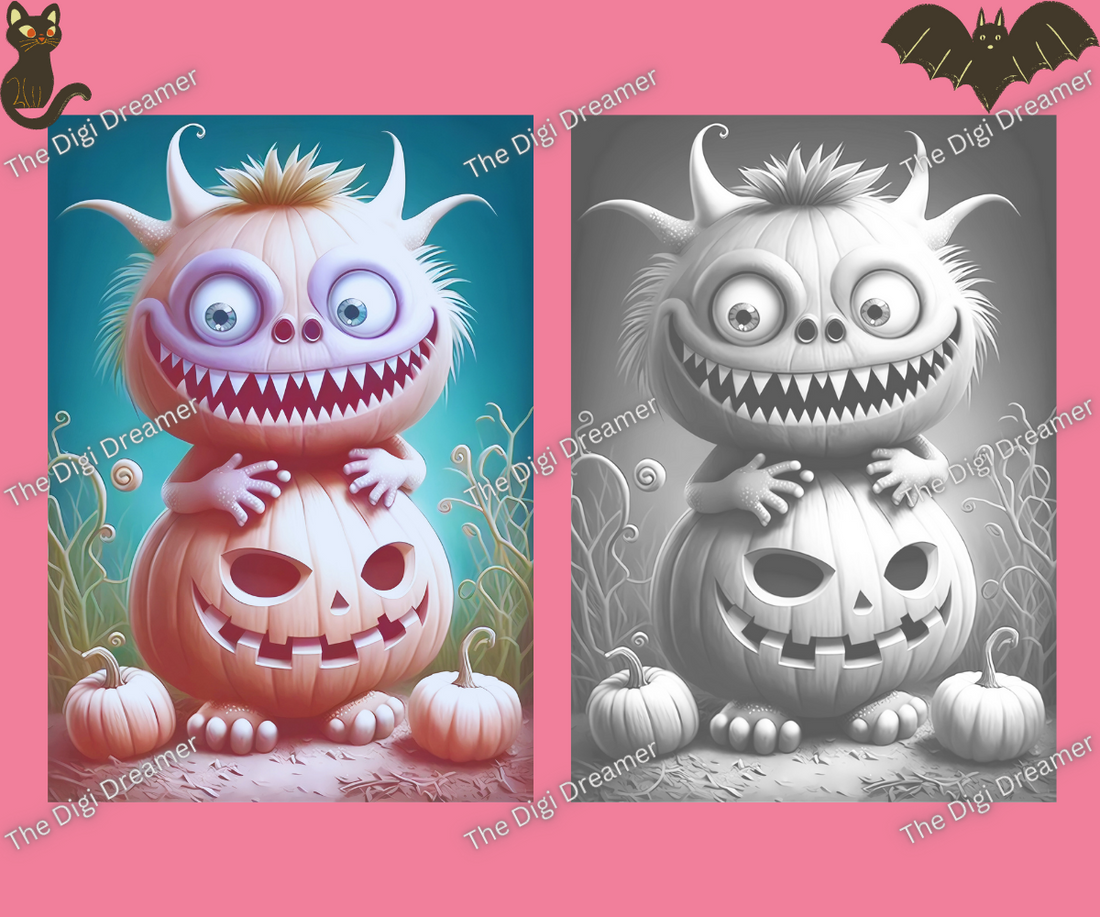 Lustige Halloween-Monster – Graustufen-Malvorlagen zum Ausdrucken für Erwachsene und Kinder