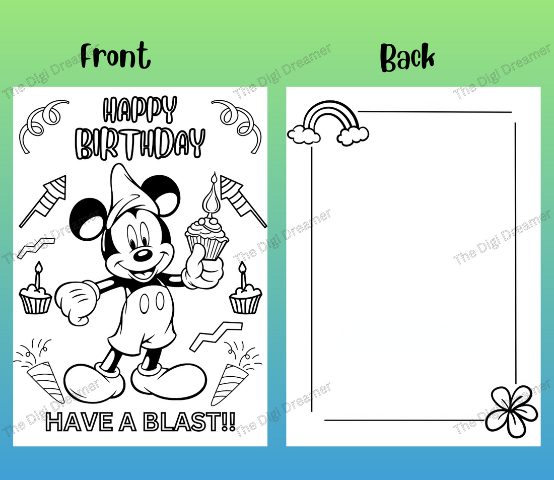 Druckbare Mickey-Mouse-Geburtstagsgrußkarte zum Ausmalen, DIY-Geburtstagsgeschenk