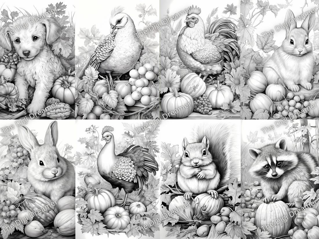 Herbsttiere Set2-Druckbare Graustufen-Malseiten, digitaler Download