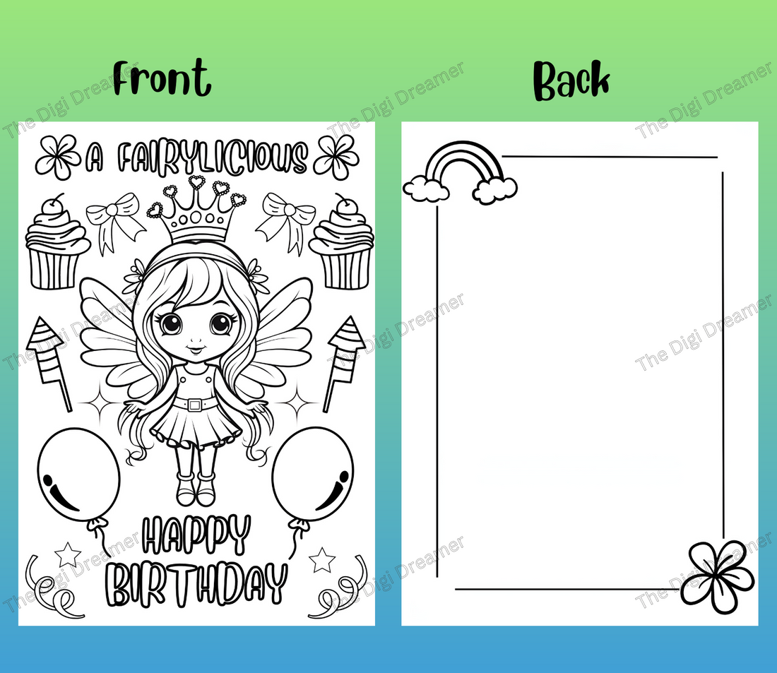 Druckbare Feen-Geburtstagsgrußkarte zum Ausmalen für Kinder, DIY-Geburtstagsgeschenk