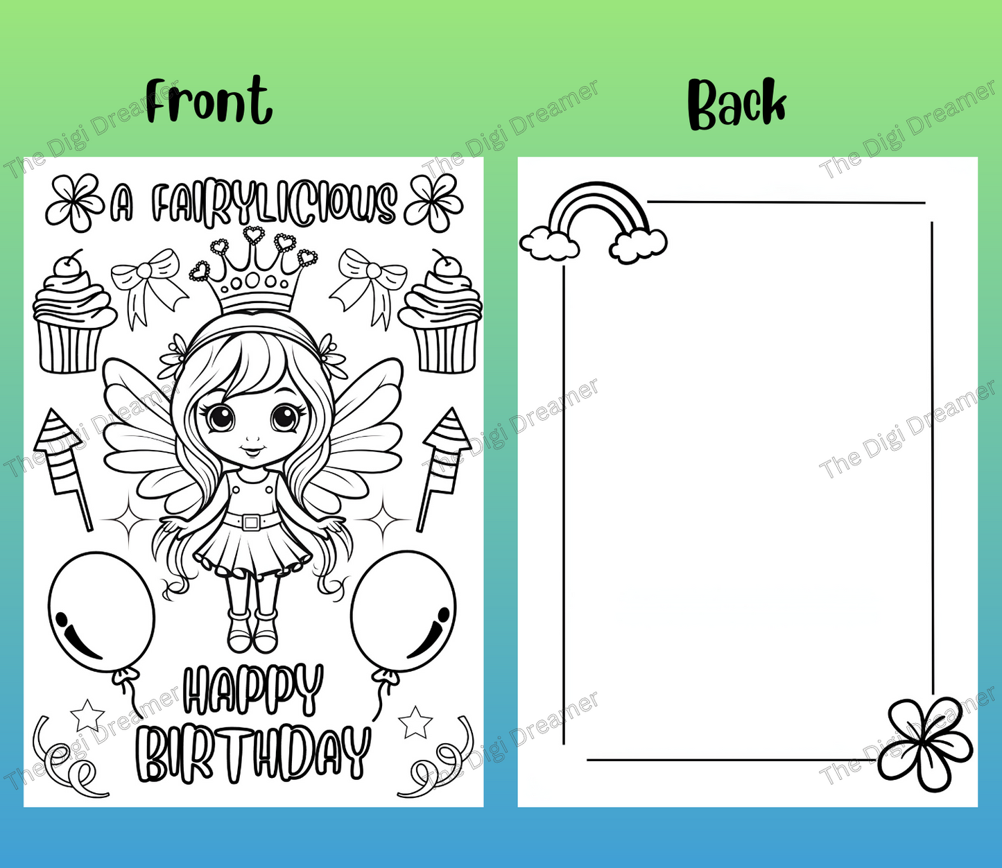 Printable Fairy Coloring Birthday Greeting Card For Kids, DIY Birthday Gift
