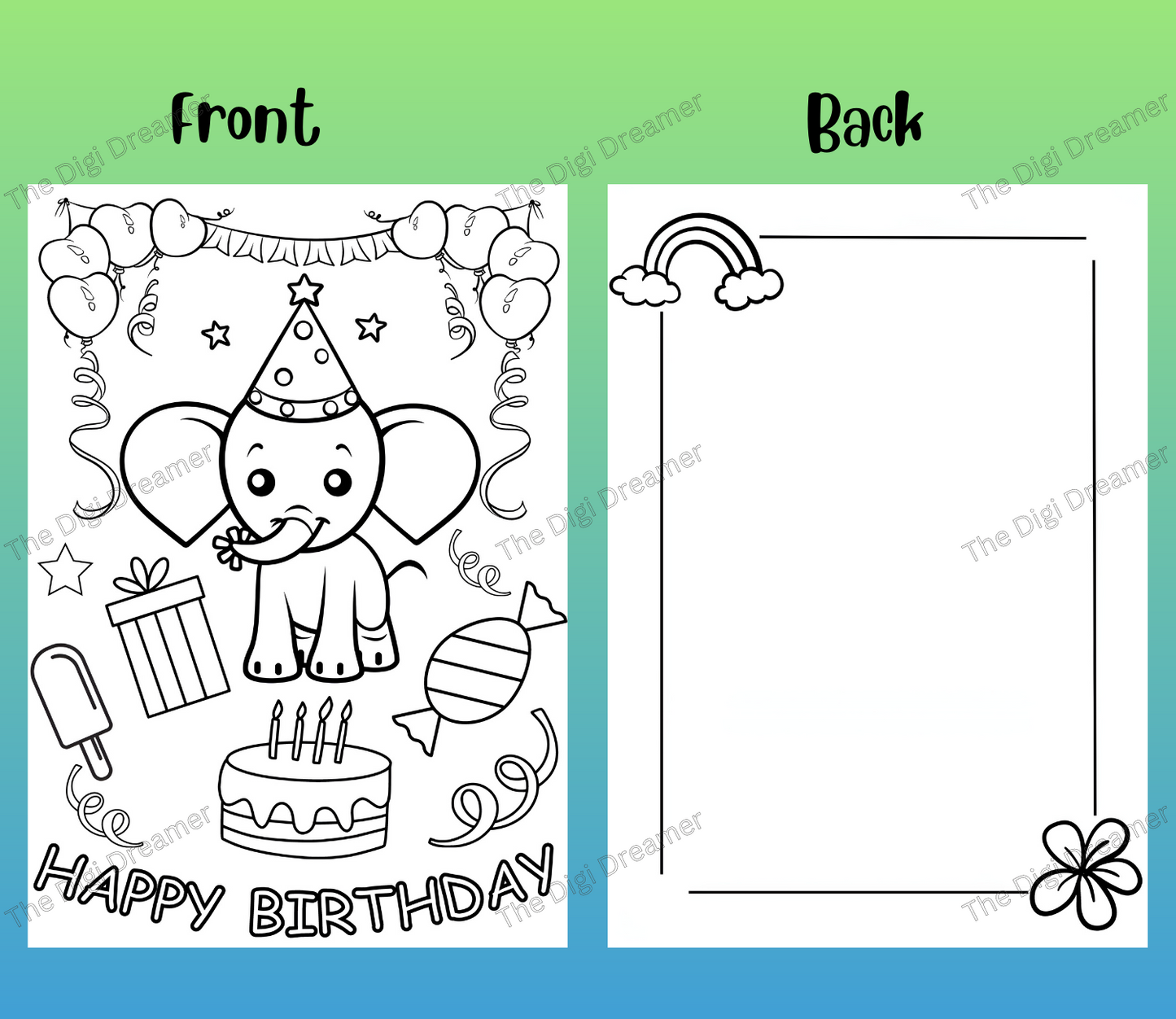 Printable Elephant Coloring Birthday Greeting Card For Kids, DIY Birthday Gift