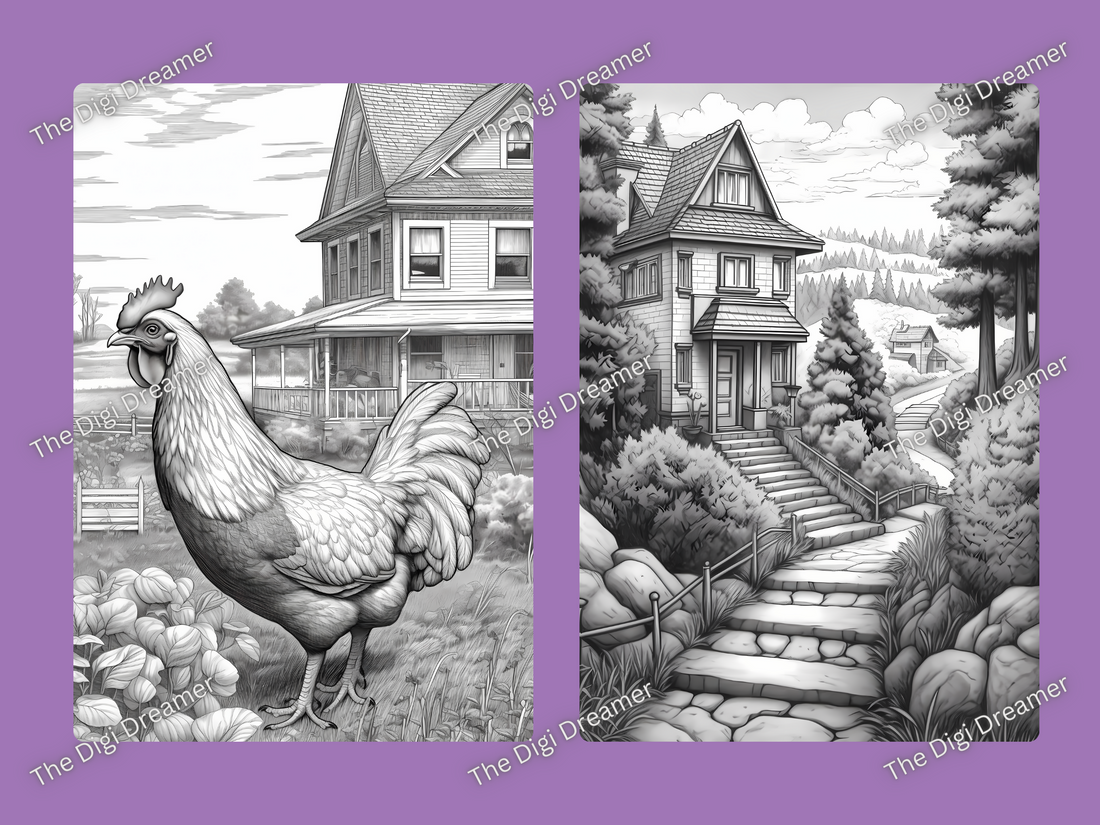 Countryside Houses Grayscale Printable Coloring Pages