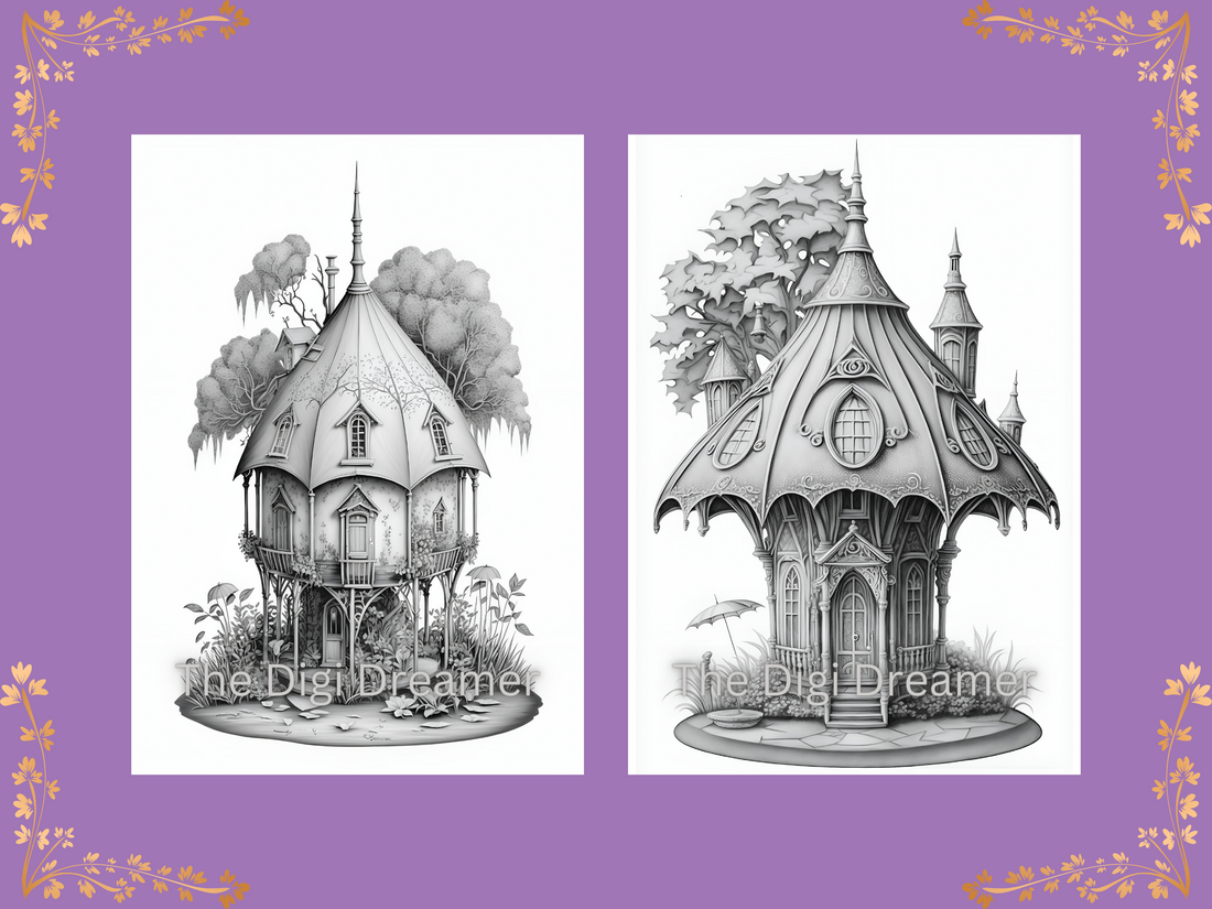 Fantasy Fairy Umbrella Houses Grayscale Printable Coloring Pages