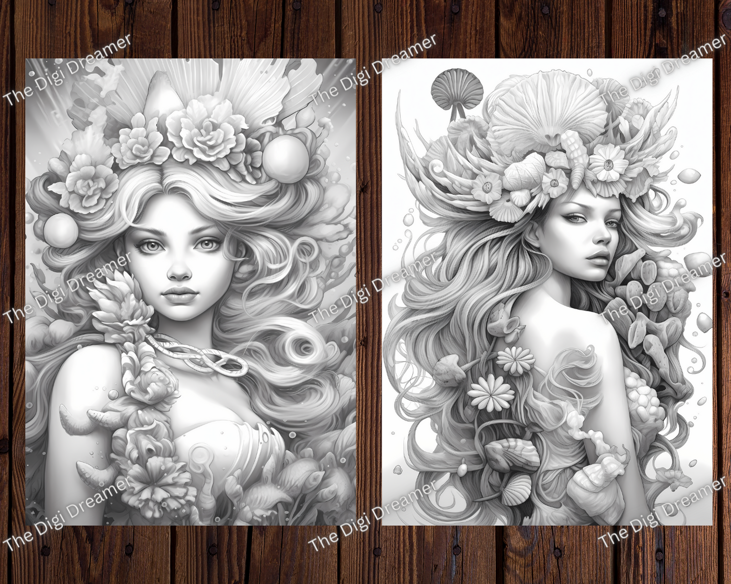 Serene Ocean Princesses Grayscale Coloring Pages for Adults
