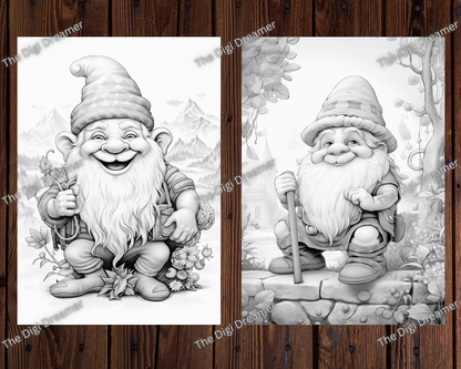 Joyful Happy Gnomes Grayscale Coloring Pages