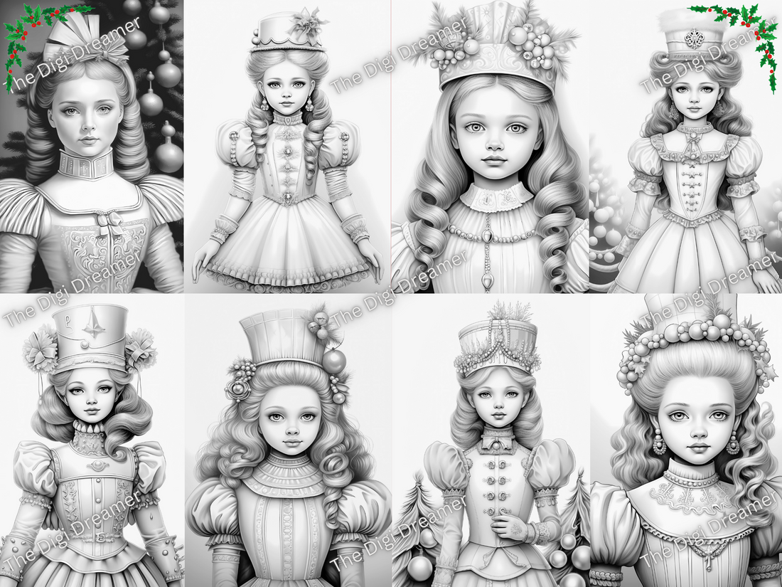 40 Christmas Nutcracker Girls-Printable Grayscale Coloring Pages, Digital download