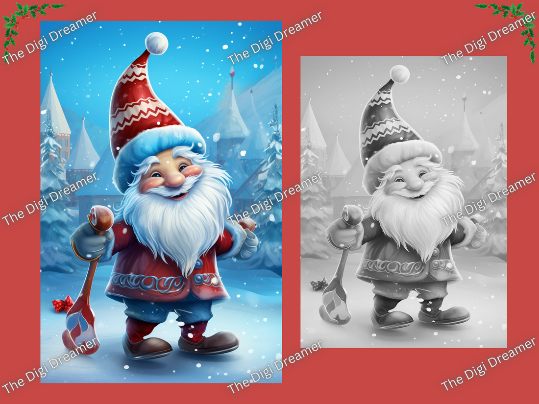30 Christmas Gnomes Set 1-Printable Grayscale Coloring Pages, Digital download