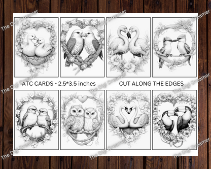 Lovey Dovey Birds Grayscale Coloring Digital ATC Cards, Instant Download