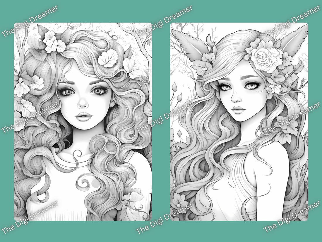 Forest Fairy Girls Grayscale Printable Coloring Pages For Adults