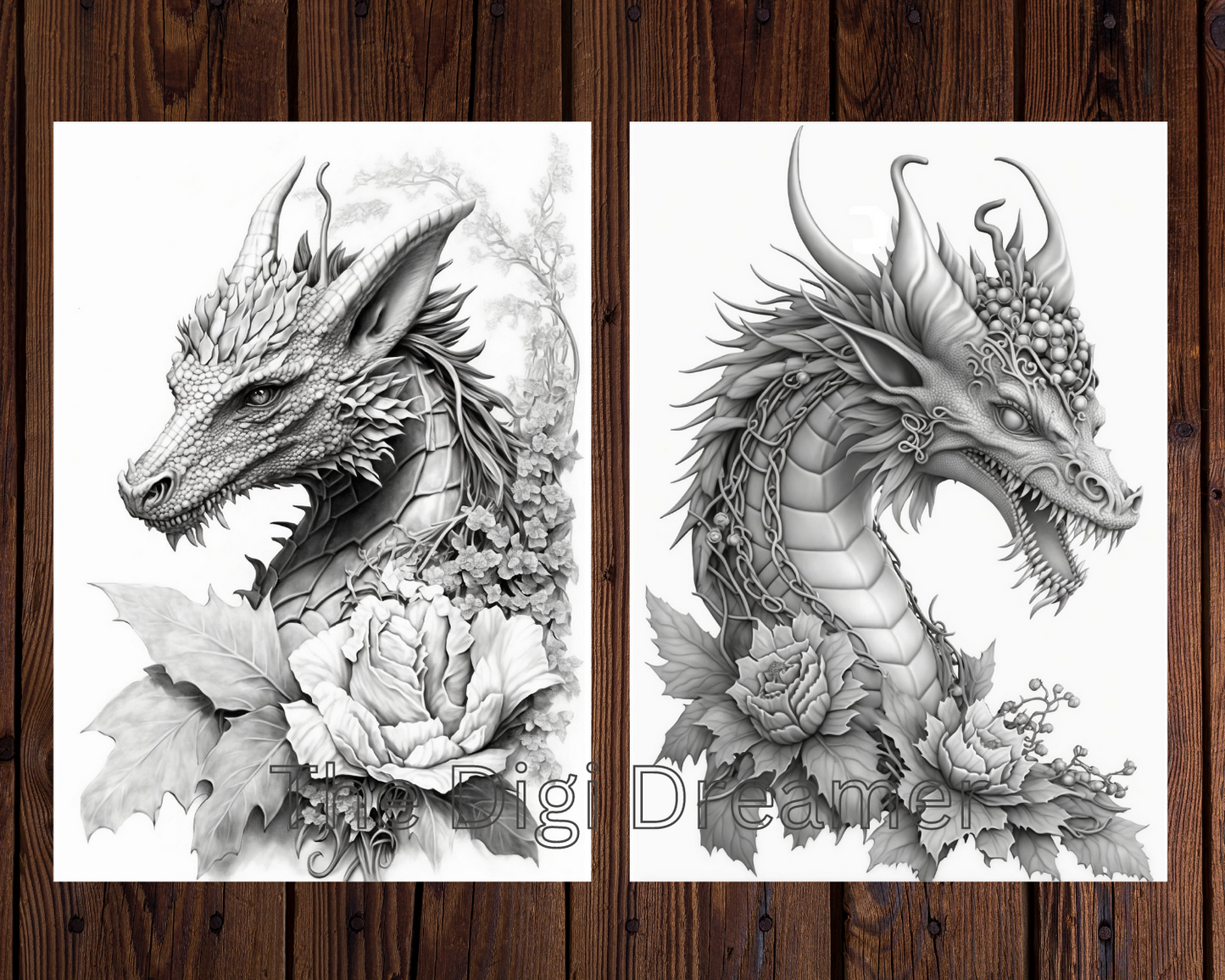 Fantasy Dragons and Flowers Grayscale Printable Coloring Pages