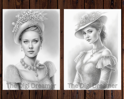 Enchanting Elegant Women Grayscale Coloring Pages For Adults