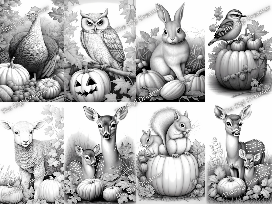 Herbsttiere Set 1 – Ausdruckbare Graustufen-Malseiten, digitaler Download