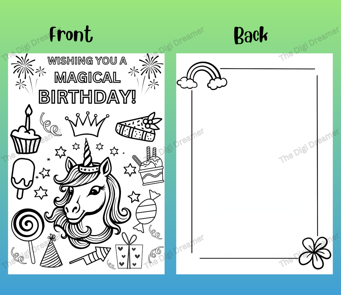Druckbare Einhorn-Geburtstagsgrußkarte zum Ausmalen, DIY-Karte