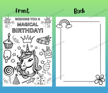 Printable Unicorn Coloring  Birthday Greeting Card, DIY Card