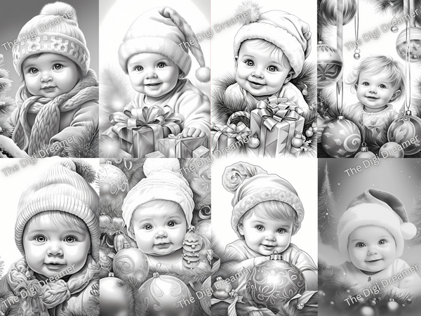 50 Christmas Babies Set 2-Printable Grayscale Coloring Pages, Digital