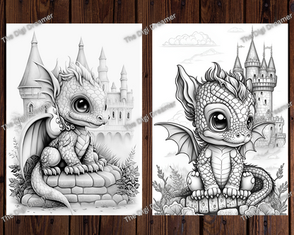 Fantasy Dragons & Castles Grayscale Printable Coloring Pages for Adults