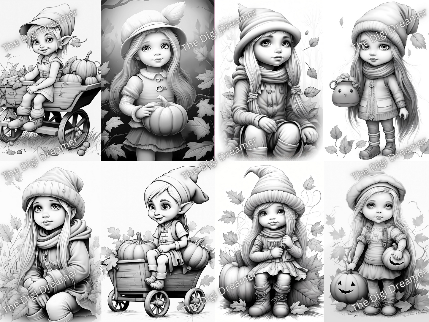 Fall Gnome Girls-Printable Grayscale Coloring Pages, Digital download