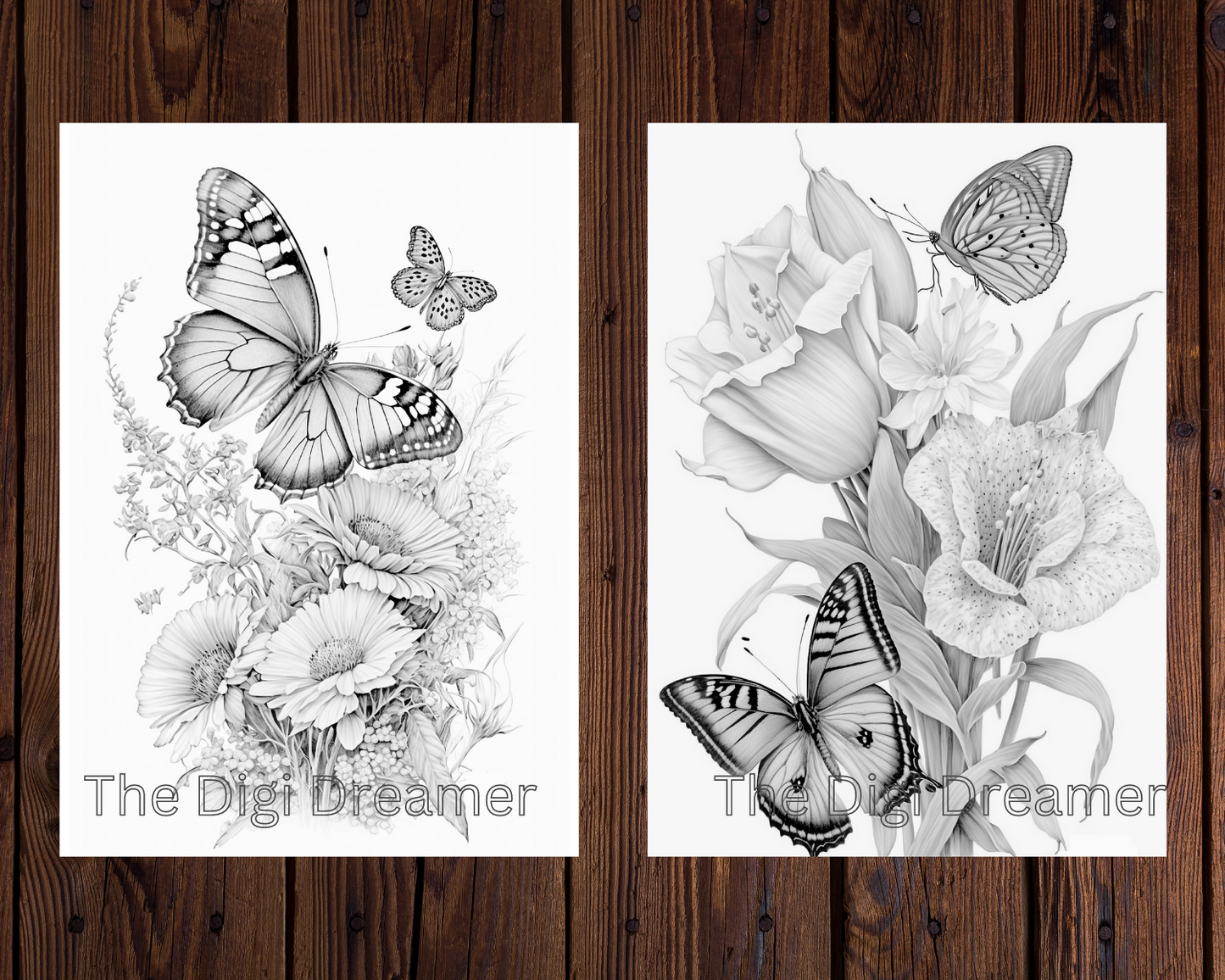 Flowers and Butterflies - Grayscale Printable Coloring Pages For Adults & Kids