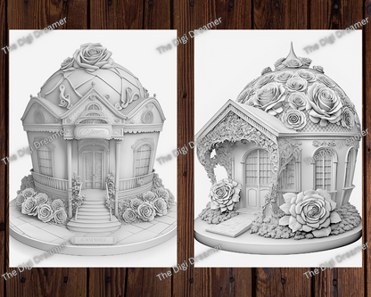 Magical Rose Garden Houses Grayscale Printable Coloring Pages For Adults