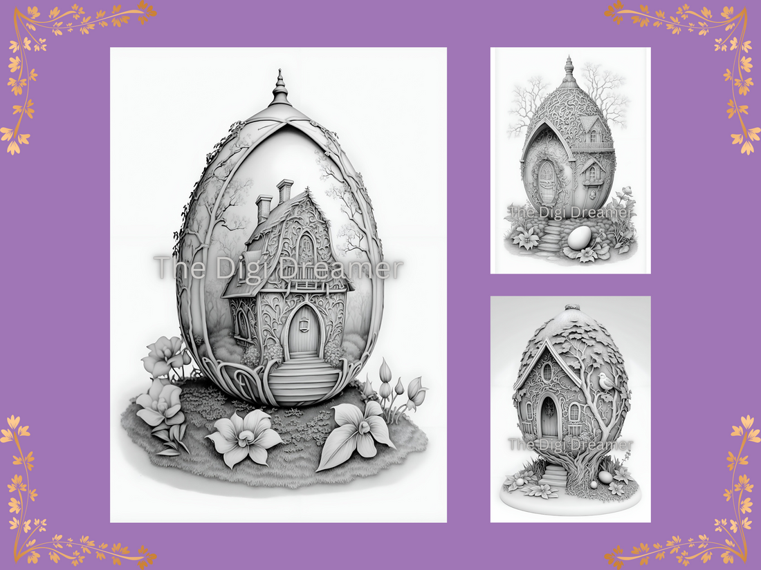 Whimsical Easter Egg Houses Grayscale Printable Coloring Pages For Adults & Kids
