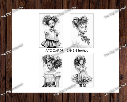 Girls With A Bow Grayscale Coloring Digital ATC Cards, Instant Download