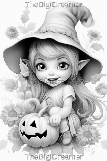 Cute Witches & Halloween-Printable Grayscale Coloring Pages, Digital download