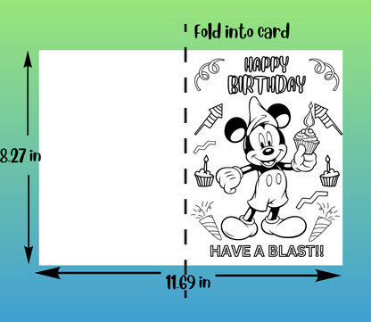Printable Mickey Mouse Coloring  Birthday Greeting Card, DIY Birthday Gift