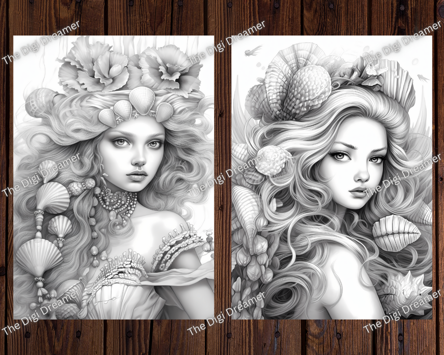 Serene Ocean Princesses Grayscale Coloring Pages for Adults