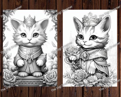 Fantasy Royal Cats Grayscale Coloring Pages