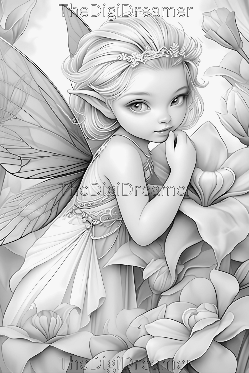 Garden Elf Fairies Grayscale Printable Coloring Pages, Digital Download
