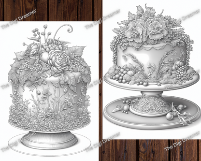 Whimsical Cakes Grayscale Coloring Pages For Adults & Kids Volume 1