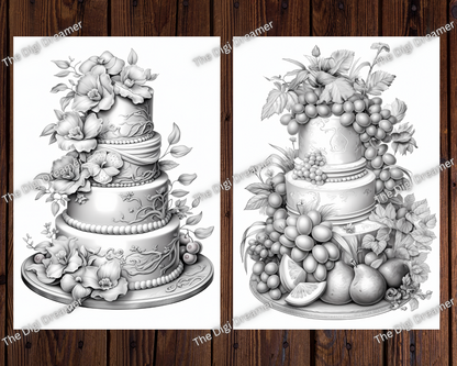 Whimsical Cakes Printable Grayscale Coloring Pages For Adults Volume 2