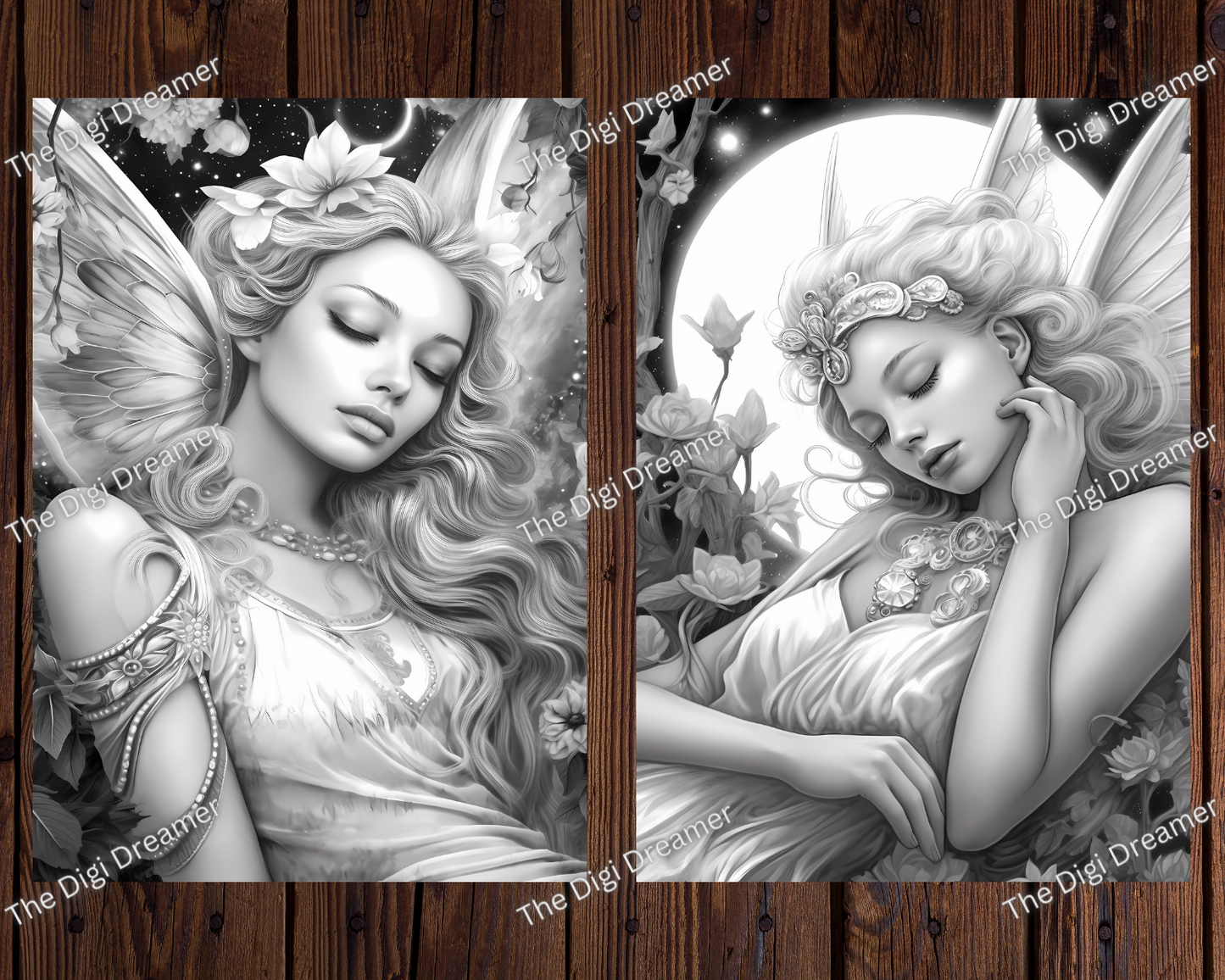 Beautiful Sleeping Fairies Grayscale Coloring Pages For Adults