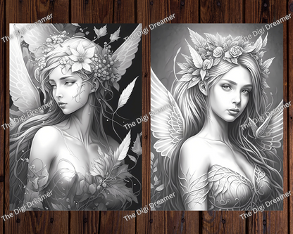 Enchanting Fantasy Forest Fairies Grayscale Printable Coloring Pages for Adults